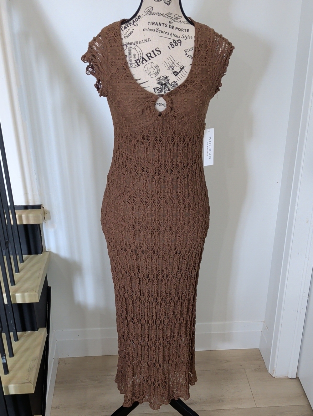 KIRIOUS | Women's Brown Scoop Neck w/ Keyhole Crochet Maxi Dress